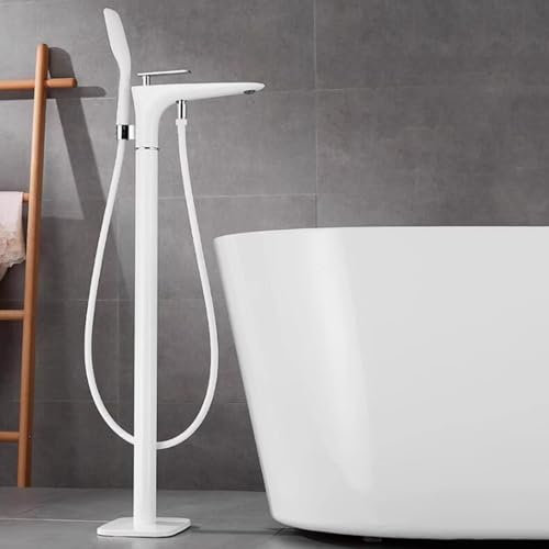 Freistehende Badewannenarmatur mit Handbrause, Badezimmer-Wannenarmatur Wasser Kalt und Heiß Messing Badewannenarmatur mit Dusche-Weiß