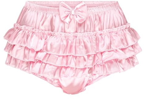 Satini Frilly Sissy Ruffled French Knickers Briefs Lingerie Silky Satin Underwear Panties (Baby Pink, L)