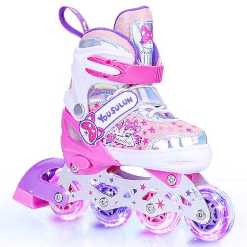 Inliner Skates Kinder Rollschuhe mit Beleuchteten Rädern Roller Skates bis zu 4 Größen Verstellbar Schuhe mit Rollen für Kinder Mädchen Jungen Teenager Anfänger Damen Herren (Rosa, L)