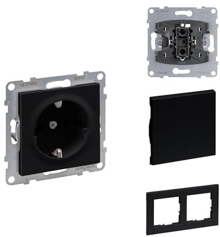 LEGRAND, SEANO Set, Schutzkontakt-Steckdose mit erhöhtem Berührungsschutz, SL, 16A, 250V & Wechselschalter-Einsatz & Wippe & 2-fach Rahmen, 87x158mm, Farbe: Schwarz, 765320 & 765006 & 765306 & 765372