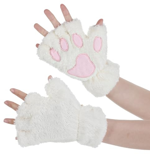 YUXIANLB Gants d'hiver doux et chauds en fausse fourrure avec pattes d'ours en fourrure synthétique, blanc, Small