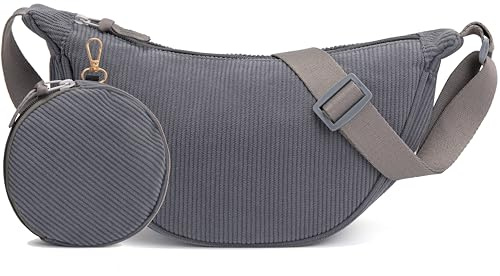 KESUDE Cord Crossbody Moon Bag Damen Klein Umhängetasche Damen Tasche Hobo, Halfmoon Bag Handtasche Schultertasche Bauchtaschen Damen mit mit Ein Münzgeldbeutel & Verstellbarer Schultergurt,Grau