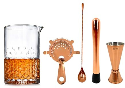 Chabrias Ltd Stainless Steel Copper Finish Cocktail Set – 5-Piece Cocktail Mixing Glass Kit with 24oz Mixing Glass, Hawthorne Strainer, Jigger, Bar Spoon & Muddler for Home or Professional Bar Use