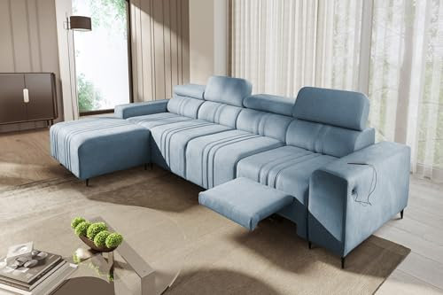 All4All Ecksofa mit Schlaffunktion Fabio XII Mix 340 cm x 183 cm - Eckcouch mit Bettkasten - Wohnlandschaft in L-Form - Modern - XXL Sofa mit Fußhocker - Seite Links - Blau - Easy Clean Stoff 26