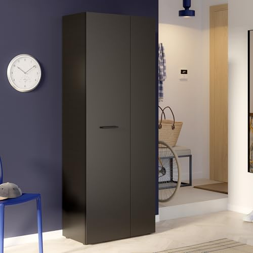 FORTE NET106 Schrank 70, Schuhschrank, Garderobenschrank, Abstellraum, Drehtürenschrank, 2-türig mit Einlegeböden, Schwarz, 68,7 cm breit x 181,1 cm hoch x 36,5 cm tief