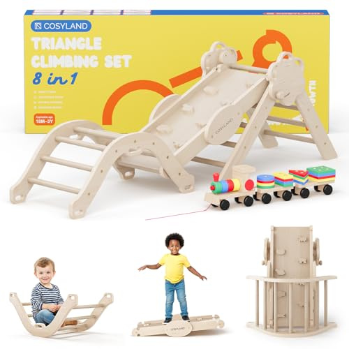 COSYLAND Indoor Climbing Frame for Toddlers – Wooden Triangle Toys with Ladder, Climbing Arch, Balance Board Climbing Toys for Kids Ages 1 - 3 (Wood,M)