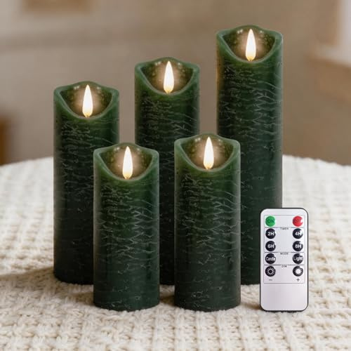 PinnWaa LED Kerzen, 5 flammenlose Stumpenkerzen mit Timer, Grün | 10-Tasten-Fernbedienung, realistisch flackernde Flamme, Batteriebetrieb, Dekobeleuchtung für Weihnachten, Hochzeit und Party