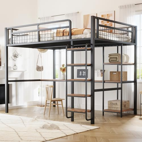 Huayz Hochbett Metall 140x200 cm, für Kinder, Jugendliche und Erwachsene, Metallbett Etagenbett mit Schreibtisch und Regal (Schwarz - B, 140×200cm)