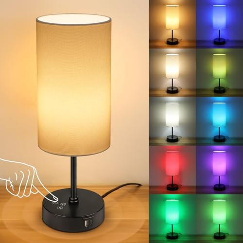 Befurglor Bedside Lamps, Dimmable 3 CCT & RGB 7 Colors Table Lamp with USB A+C Charging Ports, Touch Control Desk Lamp for Bedroom Living Room Office (Cream Fabric Shade)