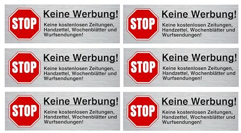 6x STOP Keine Werbung und kostenlose Zeitungen UV-geschützte Aufkleber mit starke Sticker Folie in 8cm x 3cm für Briefkasten (silber)