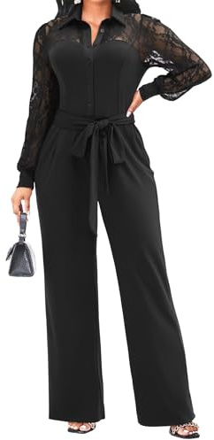 Elegant Jumpsuit for Women Dressy Sexy Lace Puff Sleeve Wide Leg Pant Suit One Piece Formal Outfits Black M