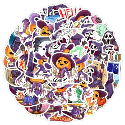 LEEQBCR Lot de 50 autocollants d'Halloween réfléchissants classiques en vinyle imperméable Happy Halloween pour ordinateur portable, téléphone, bouteille d'eau, fantôme, citrouille, démon, magicien