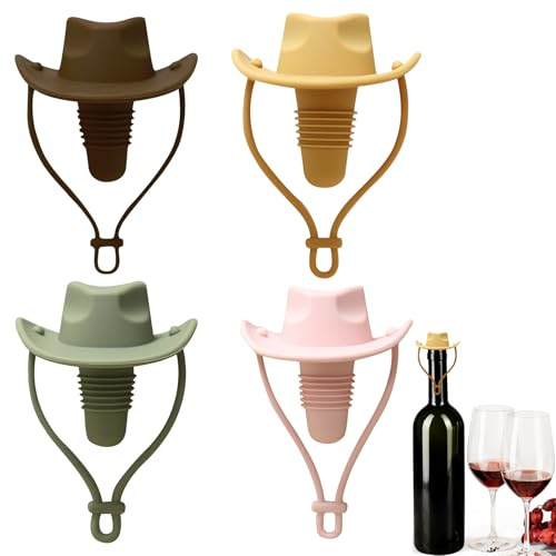 Cowboy Hat Wine Bottle Stopper, 4 Pack Hat Shaped Wine Stoppers, Funny Cowboy Hats Champagne Bottle Silicone Cap Sealing, Reusable Leak Proof Wines Top Plug, Novelty Kitchen Gadgets for Kitchen Home