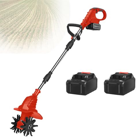 Electric Garden Tiller, Cordless 21V Cultivator, 20 cm Width, 25 cm Depth, 270 RPM for Gardening - Includes 2 Batteries