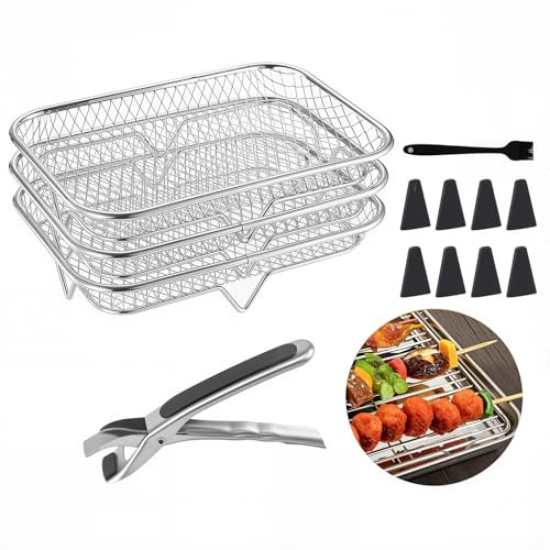 3 Layer Stackable Air Fryer Rack, 13Pcs Air Fryer Accessories, 3 Rectangular Stainless Steel Cooling Rack, 8 Foot Pads, Clips and Oil Brush, for Double Basket Air Fryer Oven