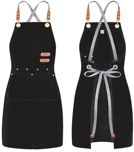 AstraGlam Delantal de lona para cocina, unisex, negro, con tirantes cruzados y 4 bolsillos – Delantal para cocina, parrilla, peluquería y área de trabajo