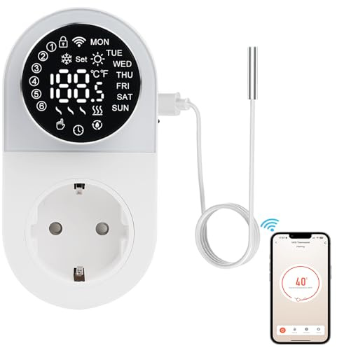 Thermostat Steckdose WLAN thermostate 220V 16A Sprachsteuerung smart Thermostat digital LED Drehknopf temperaturregler mit Fühler Kühl-/Heizmodus wechseln kompatibel mit Alexa und Google Assistant
