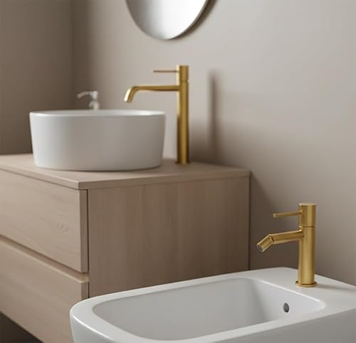 Exagonshop Coppia rubinetti lavabo alto e bidet senza scarico oro spazzolato Memo