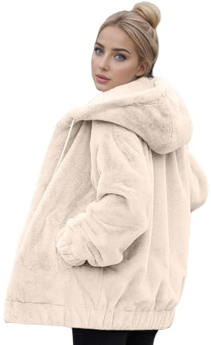 Angxiwan womens winter jackets Teddy Fleece Jacket Women Warm Cosy Fluffy Zip up Hoodie With Pockets Oversized Long Sleeve Winter Coats for Cold Weather long hoodie women