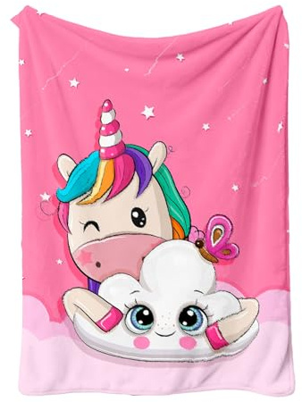 FEELJAM Einhorn Decke kuscheldecke pinkes, Flanell Weich Fleecedecke f¡§1r M?dchen, Flannel Fleece Blanket, Kinder kuscheldecke, Sofadecke, Wohndecke, mikrofaser Couchdecke (Rosa Wolken, 150 * 200)