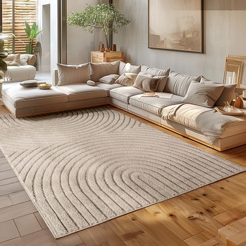 HomebyHome Wohnzimmer Teppich 280x370 cm Beige XXL Hochflor Skandi Boho Design Hoch-Tief Effekt Weicher Shaggy Langflor Flauschig Robust Pflegeleicht Modern für Schlafzimmer