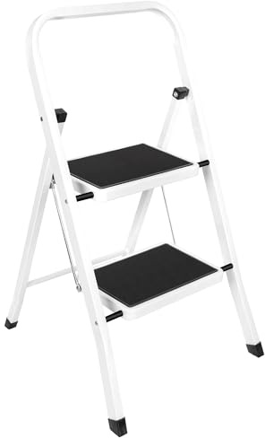 Futura 2 Step Ladder White, Heavy-Duty Steel Folding Ladder & Folding Step Stool with Wide Non-Slip Steps, Anti Slip Feet, 150kg Load Capacity, Ideal for Home/Kitchen/Garden or DIY Step Stool