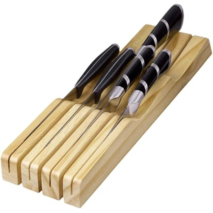 Ceppo Portacoltelli Nel Cassetto – Legno Massello Di Pino Radiante, Capacità 7 Slot | Supporto Per Organizer Per Cassetti Da Cucina Orizzontale | Scaffale Di Stoccaggio Sicuro Per Lame Che Migliora L'