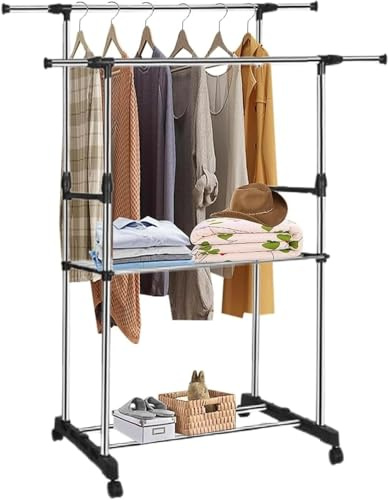 ARATERVIO Kleiderständer Verstellbar mit Rollen – Rollgarderobe ausziehbar, Kleiderstange mit 360° beweglichen Rädern, Garderobenständer für Kleidung, Schuhe und Accessoires (Doppelschläger94-160cm)