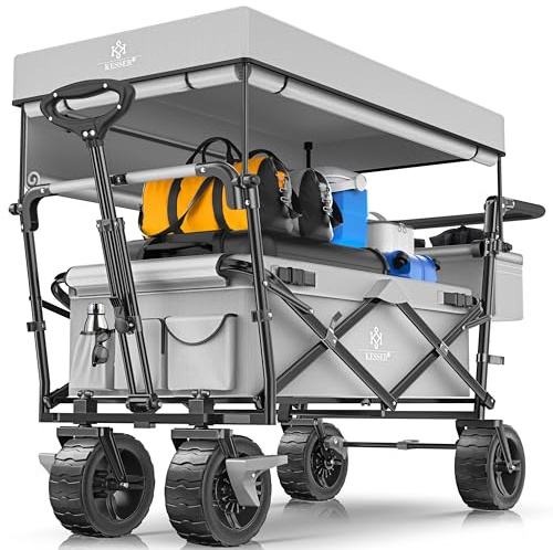 KESSER® Carrello pieghevole XXL con tettuccio GT9000, carrello pieghevole fino a 150 kg, per bambini, spiaggia, campeggio e giardino, grande carrello di trasporto con ruote in gomma rigida, freni