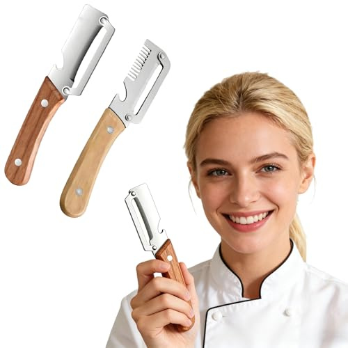 3-en-1 Éplucheur de Légumes avec Manche en Bois – Couteau Éplucheur Polyvalent, Décapsuleur & Lame Ultra Tranchante – pour Pommes de Terre, Carottes (2PCS) (C)