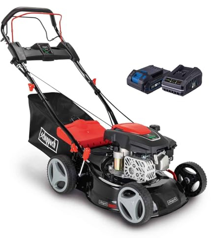 Scheppach Benzin Rasenmäher MS150-42E mit Elektro-Start, Antrieb & Mulchfunktion | Schnittbreite 41cm | Leistung 3,5PS / 2,6kW | geeignet für Gärten bis 800m² | Fangbox 45L | Schnitthöhe 25-75 mm