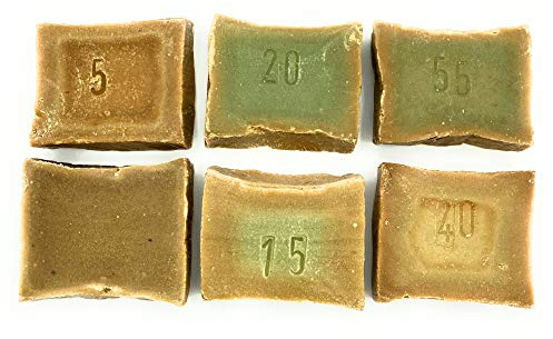 Aleppo Seifen Kennenlern Paket, 6x50g, Gästeseifen Olivenöl- & Lorbeerölseifen | Original Olivenölseife 6 kleine Gästeseifen verschiedene Lorbeerölanteile Haar-& Körperseife ohne Chemie