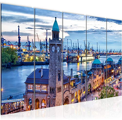 Runa Art Wandbild XXL Hamburg Wohnzimmer Schlafzimmer 200 x 80 cm Blau 5 Teilig - Made in Germany - 603055a
