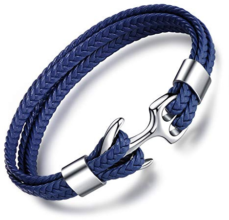 Unendlich U Infinito U -Pulsera para Hombre Pulsera de Cuero Brazalete Ancla y Acero Inoxidable Esperanza Amor Cuero Trenzada Brazalete, Color de Azul