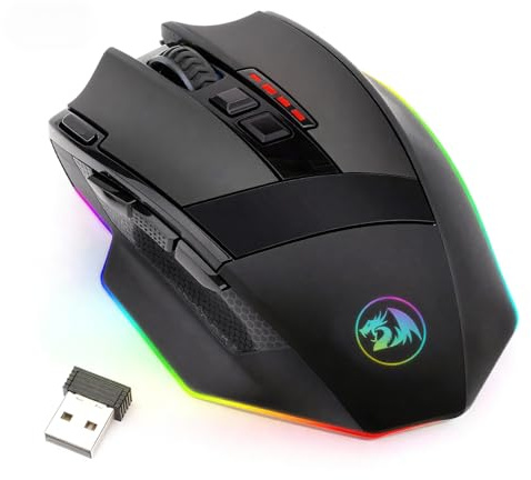 Redragon M801 Wireless Gaming Mouse, RGB Gaming Mouse with MMO 9 Programmable Macro Editing Buttons, UP 16000 Adjustable DPI, Rapid Fire Button for Game, Windows,PC - Wireless, Black