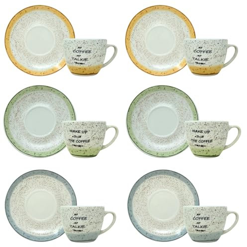 NAMAI - Set da 6 Tazzine Caffe Particolari con Piattino, Stile Autentico, Porcellana, Adatte In Lavastoviglie e Microonde, Idea Regalo (Tazzine Granuli Mix)