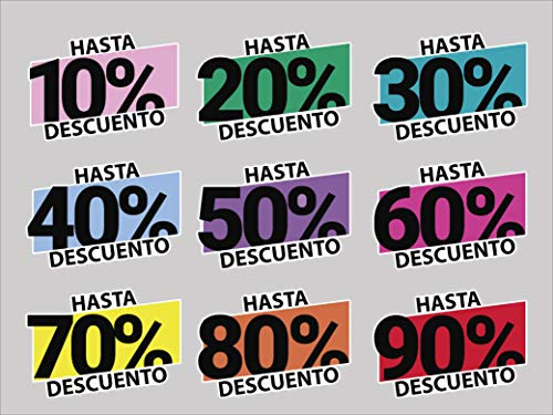 Oedim Pack 9 Vinilos para Escaparates Decoración Rebajas | Descuentos del 10% hasta el 90% | 50x35cm | Vinilo Adhesivo | Decora tu escaparate | Pegatinas Adhesivas Escaparate | Vinilos para Negocios