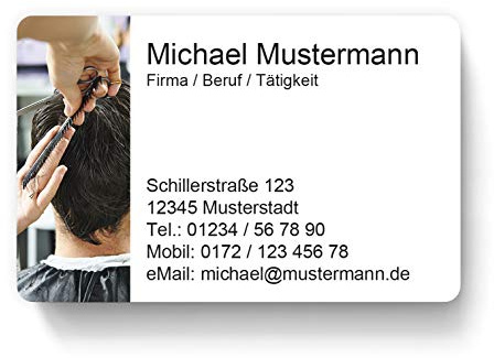 100 Visitenkarten, laminiert, 85 x 55 mm, inkl. Kartenspender - Frisör Friseur Haare