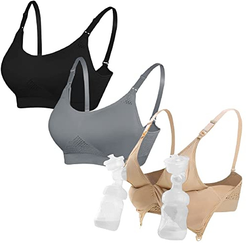 4HOW 3Pack Pumping-Bra Hands Free Breast Nursing Bra for Breastfeeding Wearable Padded for Pregnancy Black Nude Grey Large
