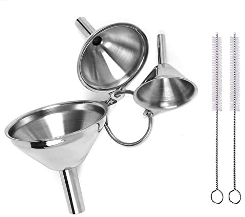 3 embudos de acero inoxidable para la cocina con 2 cepillos de limpieza y asa, mini embudo apilable para líquidos, aceites de cocina y polvos, 4,5/5,5/7,5 cm