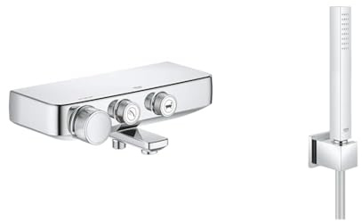 GROHE Grohtherm SmartControl - Thermostat-Wannenbatterie, chrom, 34718000 & Euphoria Cube Stick - Wandhalterset (wassersparend, 1 Strahlart, Antikalk System), chrom, 27703000