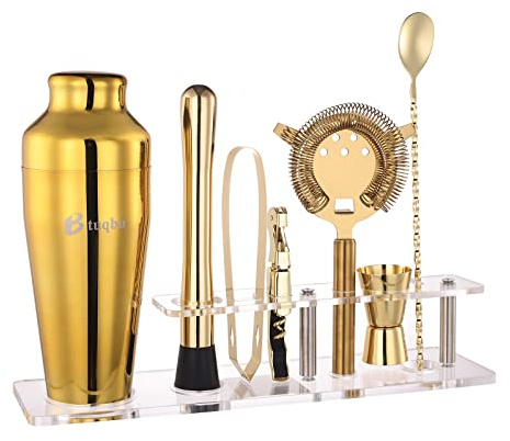 Btuqbu Cocktail Shaker Set with Arcylic Stand, Mixology Bartender Kit for Drink Mixing | Mixology Set with 7 Bar Set Tools Cocktail Kit (Gold)