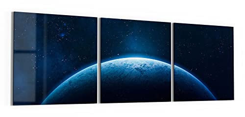 DEQORI Glasbilder Acrylglas | Motiv Heller Schein auf Erdball | horizontal 3-teilig 150x50 cm | große XXL Deko | Wandbilder für Wohnzimmer, Schlafzimmer, Flur & Küche | moderne Wanddeko
