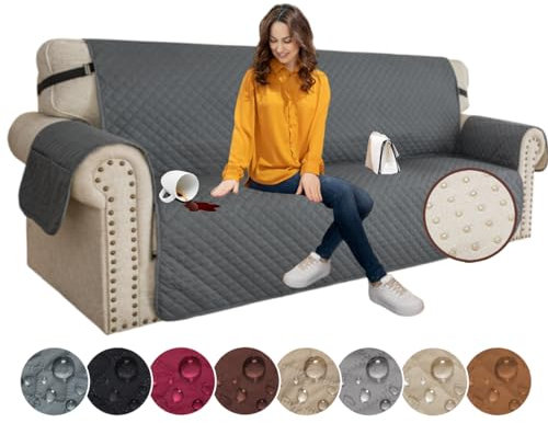 XINEAGE Quilted Sofa Covers 3 Seater, Water Resistant Couch Covers for 3 Seater, Non Slip Sofa Slipcoevrs for Dogs Pets, Reversible Sofa Protector with Elastic Strap Washable (Sofa, Dark Grey)