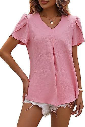 LEKOPUR Kortärmad damblus med v-ringning, enfärgad, chiffong, vår, elegant, sommar, ledig blus, Gammal ros, L