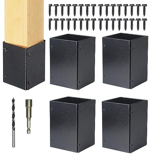 Qivine 4 Pack Heavy Duty Post Base Brackets, Adjustable Steel Fence Post Anchor for Deck & Pergola, Black Powder Coated Support for Porch Railing, Protect Porch, Fences from Rain with Driller