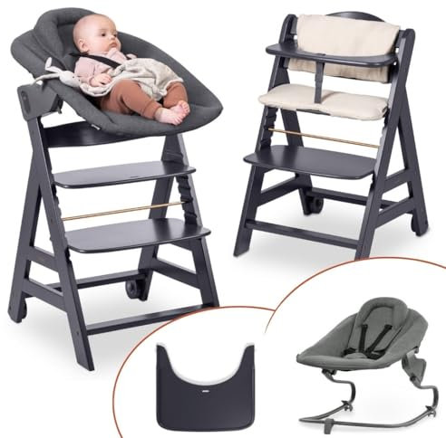 hauck Hochstuhl Beta+ Newborn Set Premium Dark Grey - Babyhochstuhl Set ab Geburt mit Neugeborenen Aufsatz Bouncer, Sitzpolster und Essbrett - Dark Grey