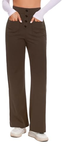 Desol Stoffhose Damen Weites Bein, Hoher Taille Business Hose Damen, Knopfleiste, Dehnbare Palazzo Hose mit Mehreren Taschen