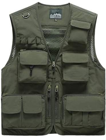 Wirltte Mens Vests Cargo Outdoor Work Safari Hunting Fishing Travel Photo Mesh Waistcoat Vest Gilet Multi Pockets Army Green L