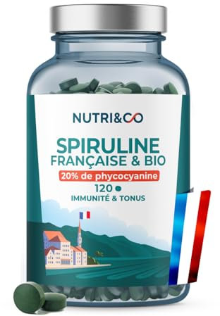 NUTRI & CO Spiruline BIO 100% Française - Cultivée en Provence - 20% de Phycocyanine - Riche en Protéines Vitamine B12 & Antioxydant - 120 comprimés de 500 mg Vegan Sans Excipients